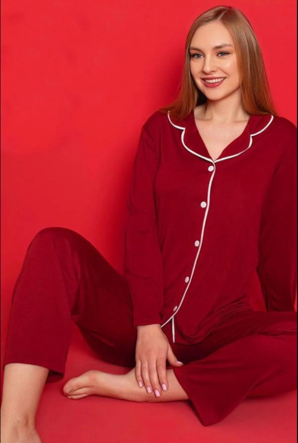 DÜĞMELİ GÖMLEK YAKA PİJAMA TAKIMI - BORDO - 4