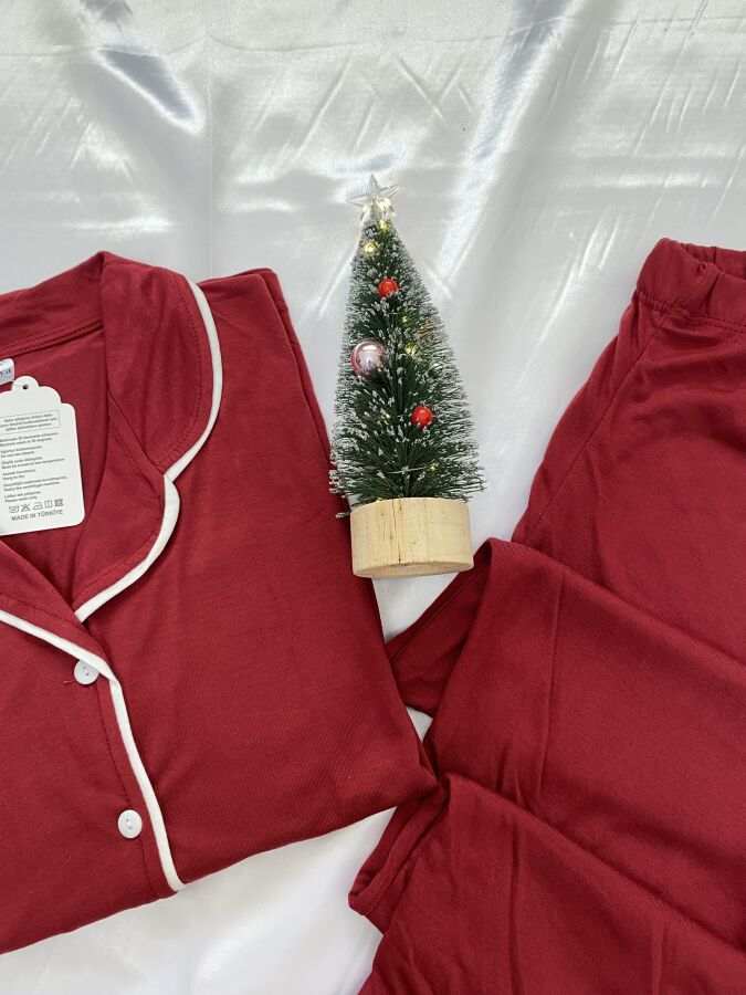 DÜĞMELİ GÖMLEK YAKA PİJAMA TAKIMI - BORDO - 2