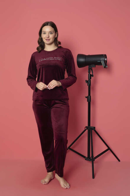 UZUN KOLLU KADİFE PİJAMA TAKIMI - BORDO - 3