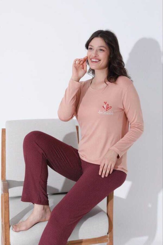 UZUN KOLLU PUANTİYELİ PİJAMA TAKIMI - BORDO - 3
